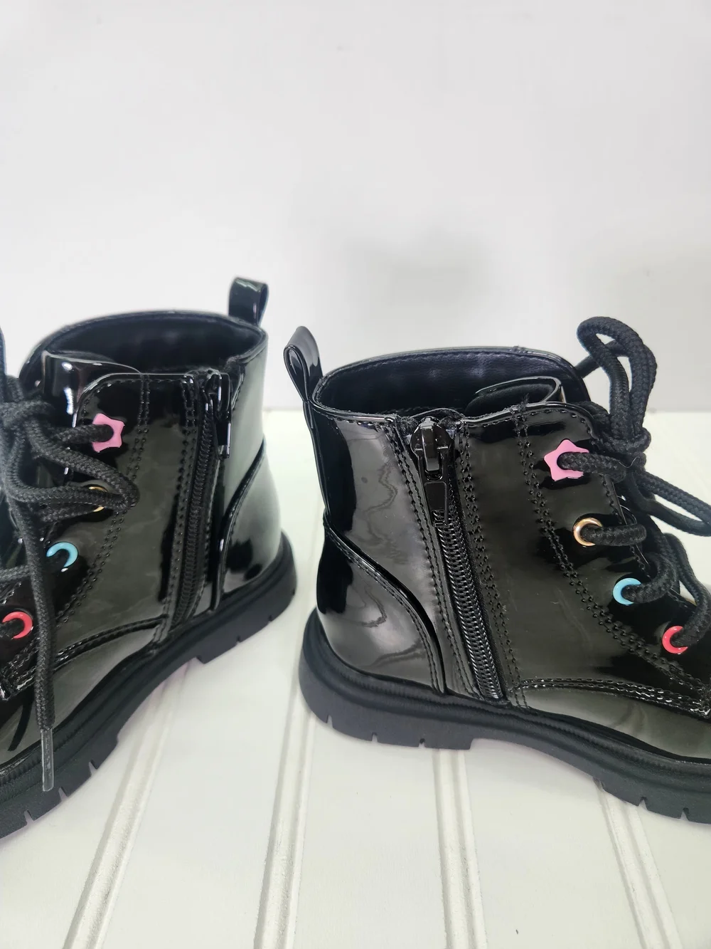 Sugar Black Patent Lace-Up Boots with Rainbow Star & Cloud Details